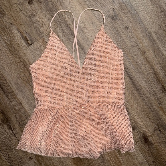 Express • Rose Gold Sequin Peplum Cami Blouse - Picture 3 of 10